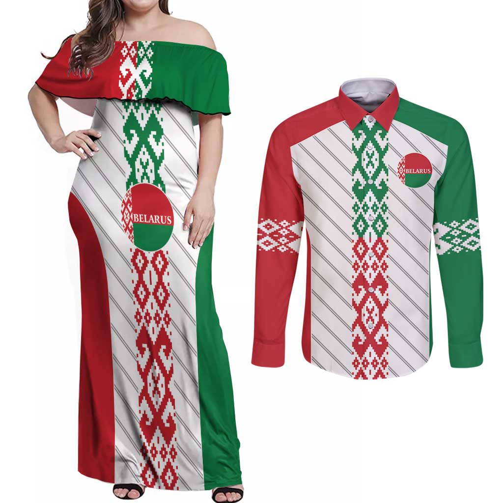 Belarus Football Custom Couples Matching Off Shoulder Maxi Dress and Long Sleeve Button Shirt Rushnyk Pattern