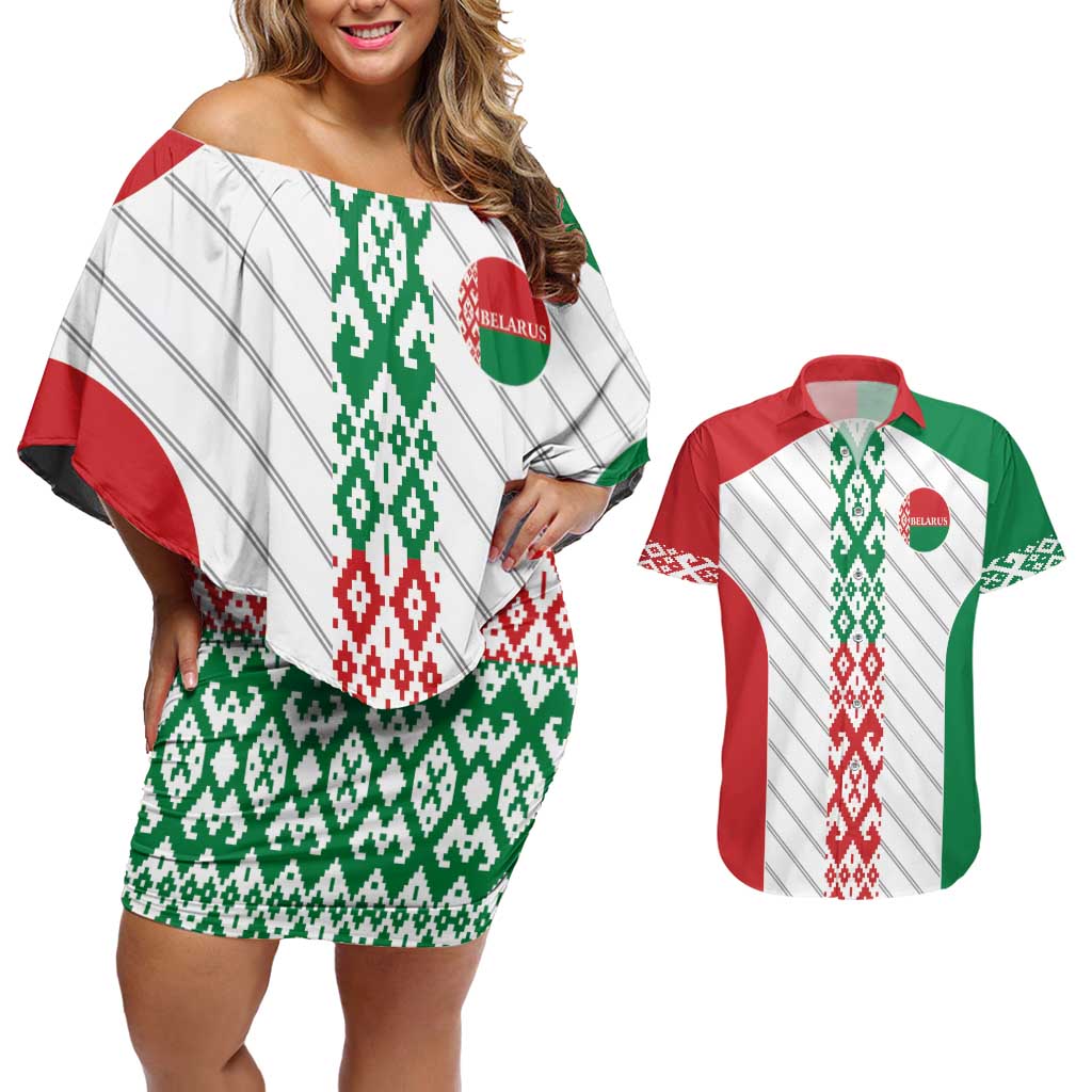 Belarus Football Custom Couples Matching Off Shoulder Short Dress and Hawaiian Shirt Rushnyk Pattern