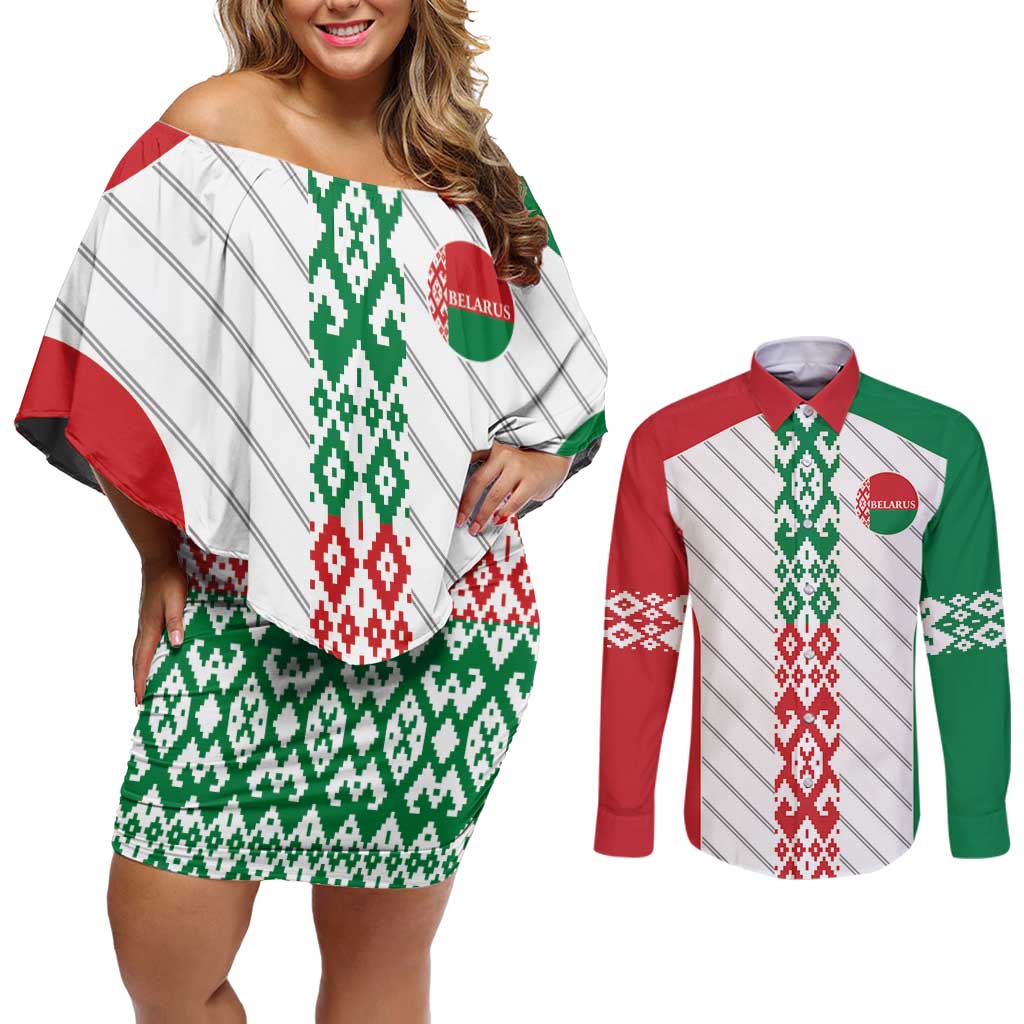 Belarus Football Custom Couples Matching Off Shoulder Short Dress and Long Sleeve Button Shirt Rushnyk Pattern