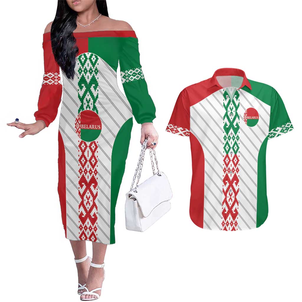 Belarus Football Custom Couples Matching Off The Shoulder Long Sleeve Dress and Hawaiian Shirt Rushnyk Pattern