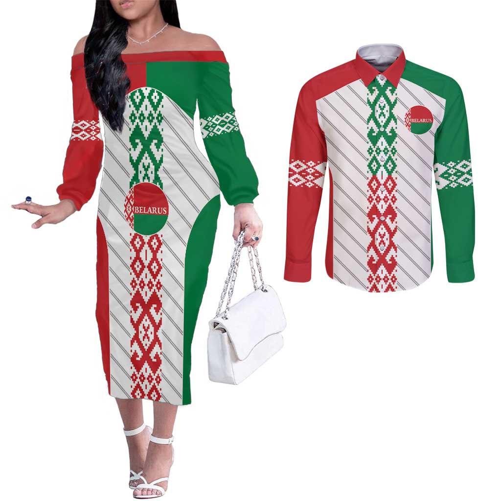 Belarus Football Custom Couples Matching Off The Shoulder Long Sleeve Dress and Long Sleeve Button Shirt Rushnyk Pattern