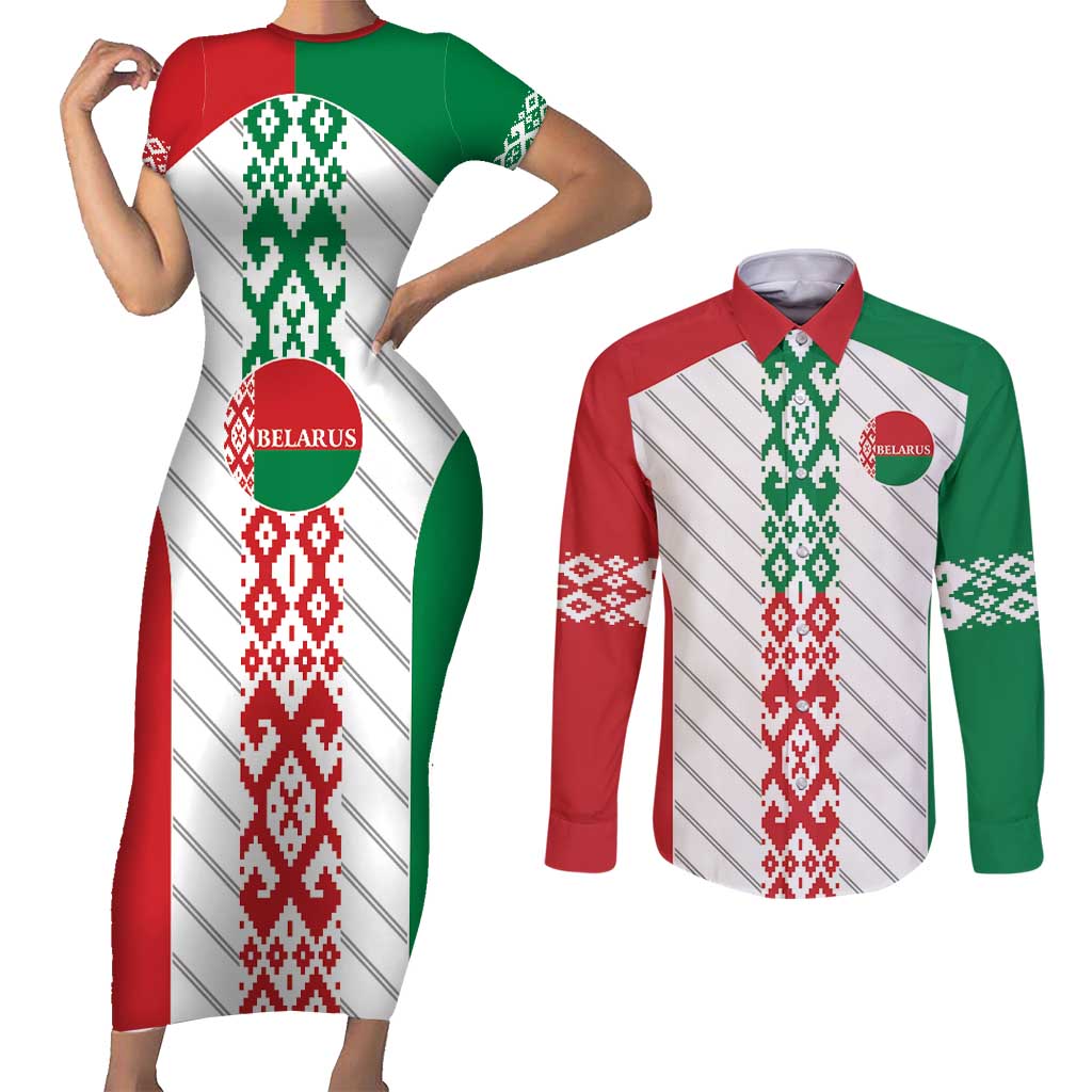 Belarus Football Custom Couples Matching Short Sleeve Bodycon Dress and Long Sleeve Button Shirt Rushnyk Pattern