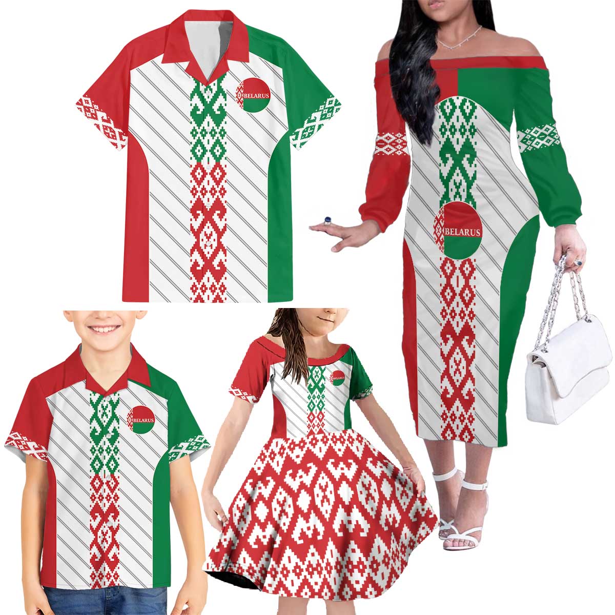 Belarus Football Custom Family Matching Off The Shoulder Long Sleeve Dress and Hawaiian Shirt Rushnyk Pattern