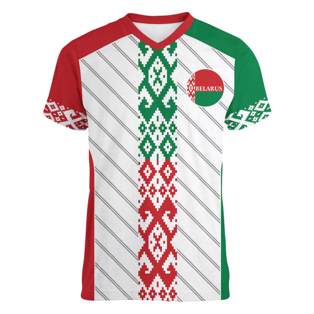 Belarus Football Custom Women V-Neck T-Shirt Rushnyk Pattern - Wonder Print Shop