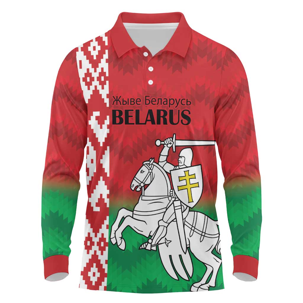 Republic of Belarus Long Sleeve Polo Shirt Pahonia Rushnyk Pattern