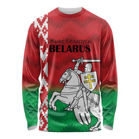 Red long-sleeve shirt with white geometric trim, emblem graphic, and green lower panel