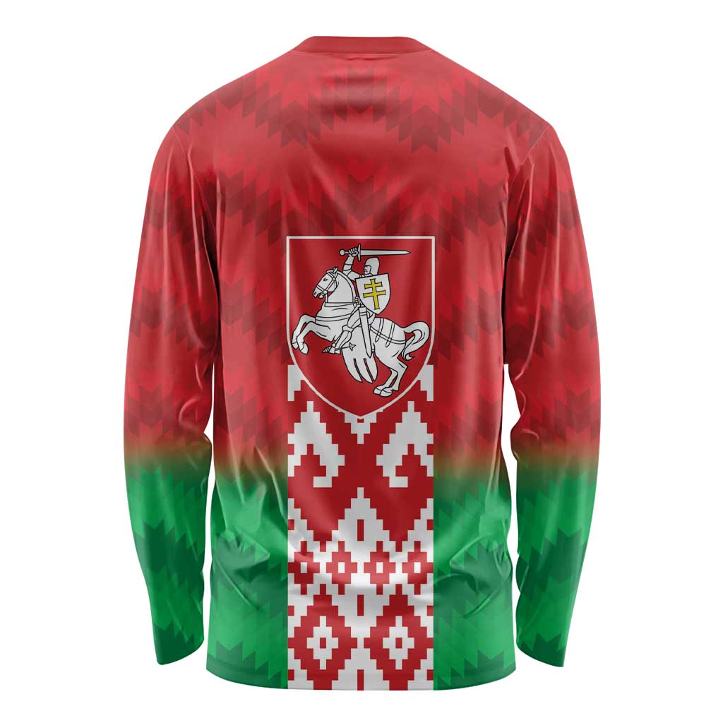 Back view red long-sleeve shirt with centered emblem, white geometric panel, and green hem