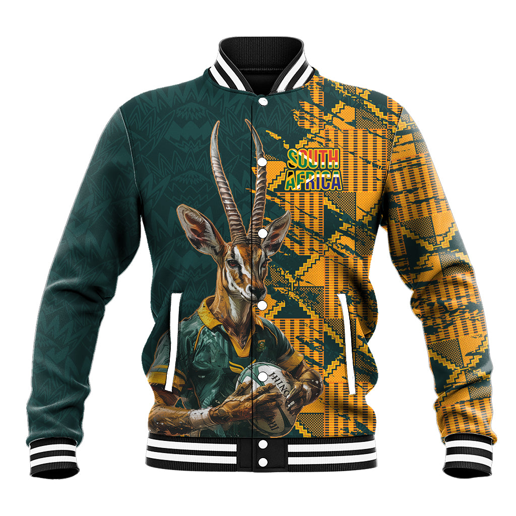Green and yellow rugby baseball jacket with South Africa graphic, mascot, snap front