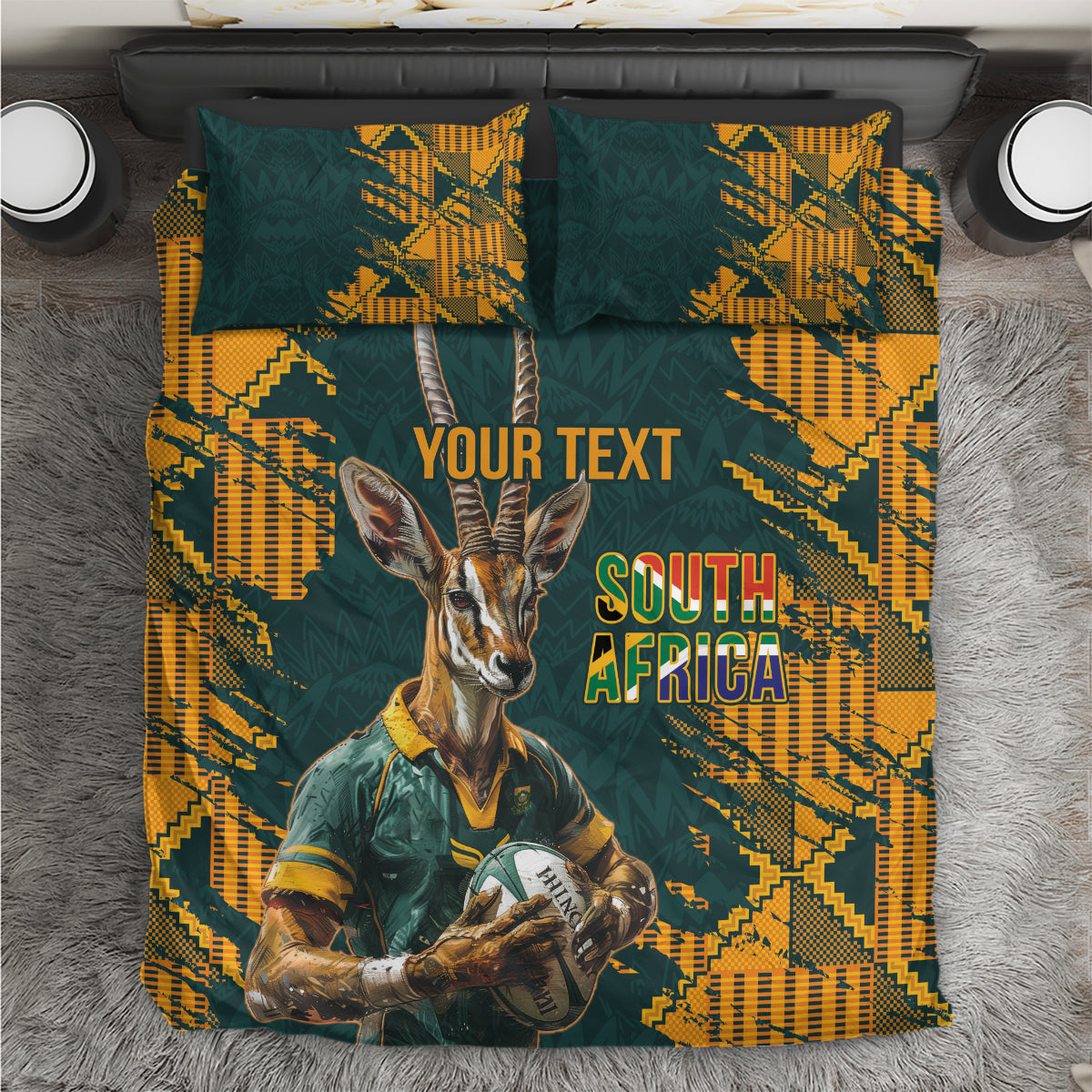 Green and yellow graphic bedding set with gazelle mascot and South Africa text, two pillows