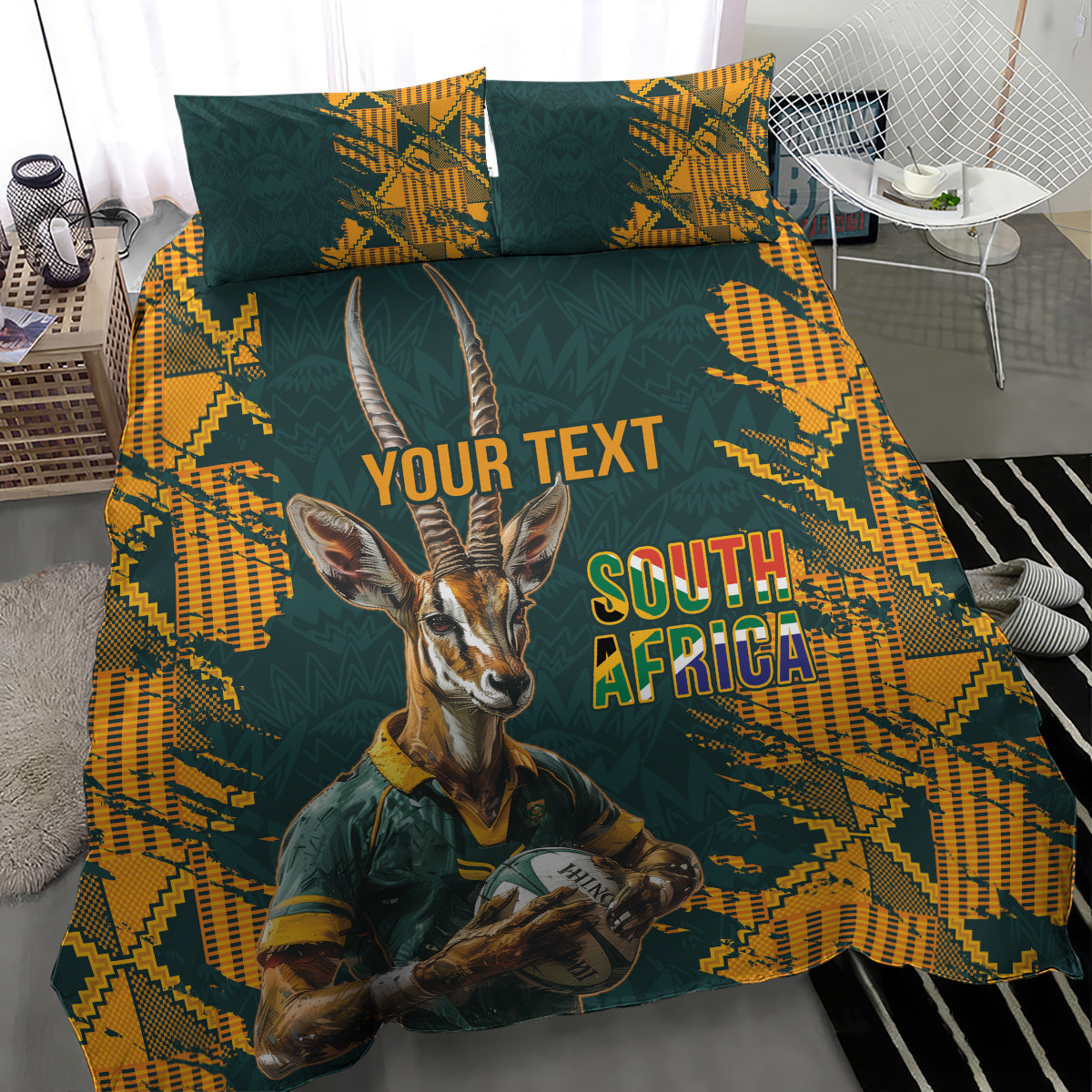 Green and yellow bedding set featuring gazelle mascot and South Africa text, two matching pillows