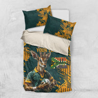 Green and yellow bedding set with gazelle mascot and South Africa text, duvet and two pillowcases