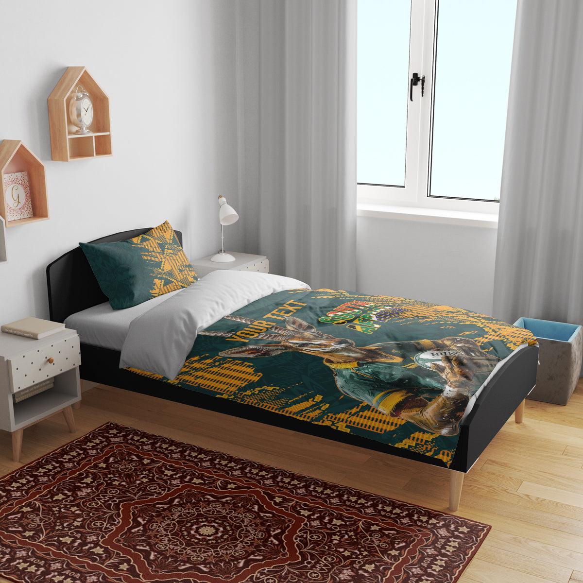 Green and yellow bedding set with gazelle mascot and South Africa text, duvet and pillowcases on bed