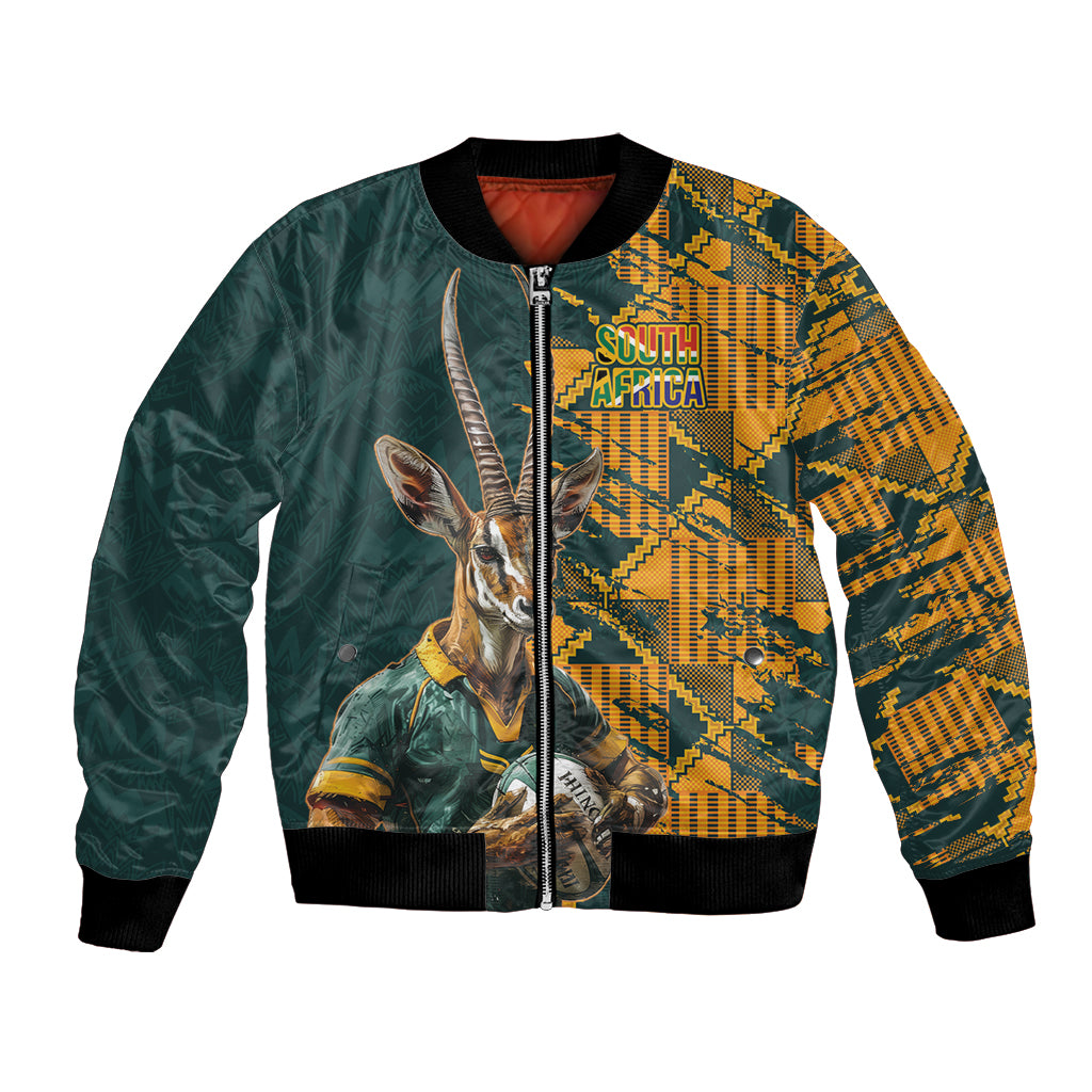 Green bomber jacket with full-zip, black ribbed hem, and South Africa mascot graphic front