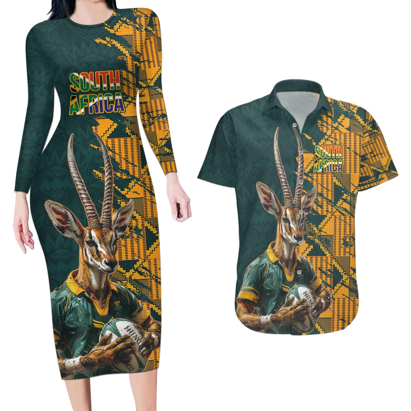 Custom South Africa Rugby Couples Matching Long Sleeve Bodycon Dress and Hawaiian Shirt The Springboks Mascot Sporty Version LT9 - Wonder Print Shop