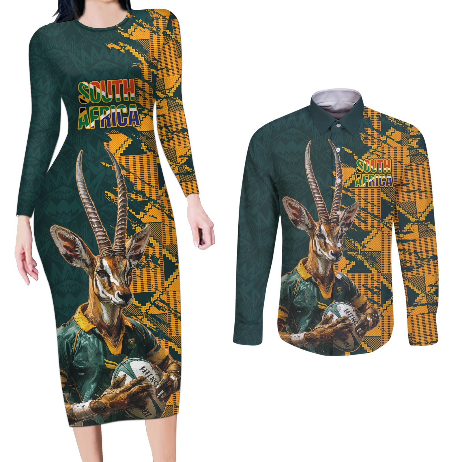 Custom South Africa Rugby Couples Matching Long Sleeve Bodycon Dress and Long Sleeve Button Shirt The Springboks Mascot Sporty Version LT9 - Wonder Print Shop