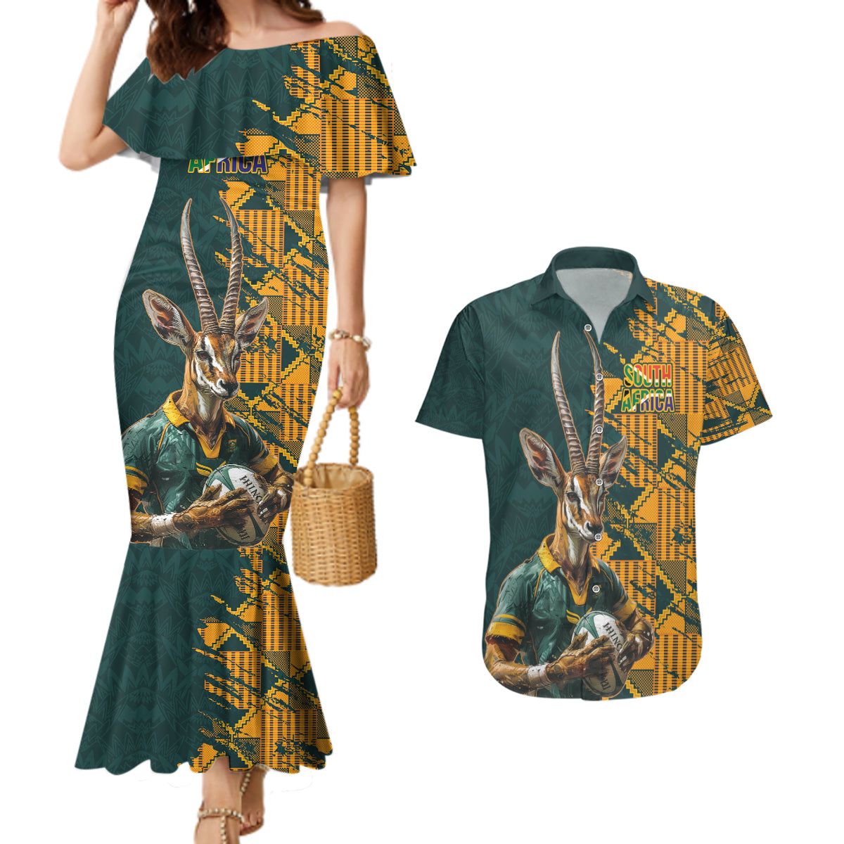 Custom South Africa Rugby Couples Matching Mermaid Dress and Hawaiian Shirt The Springboks Mascot Sporty Version LT9 - Wonder Print Shop