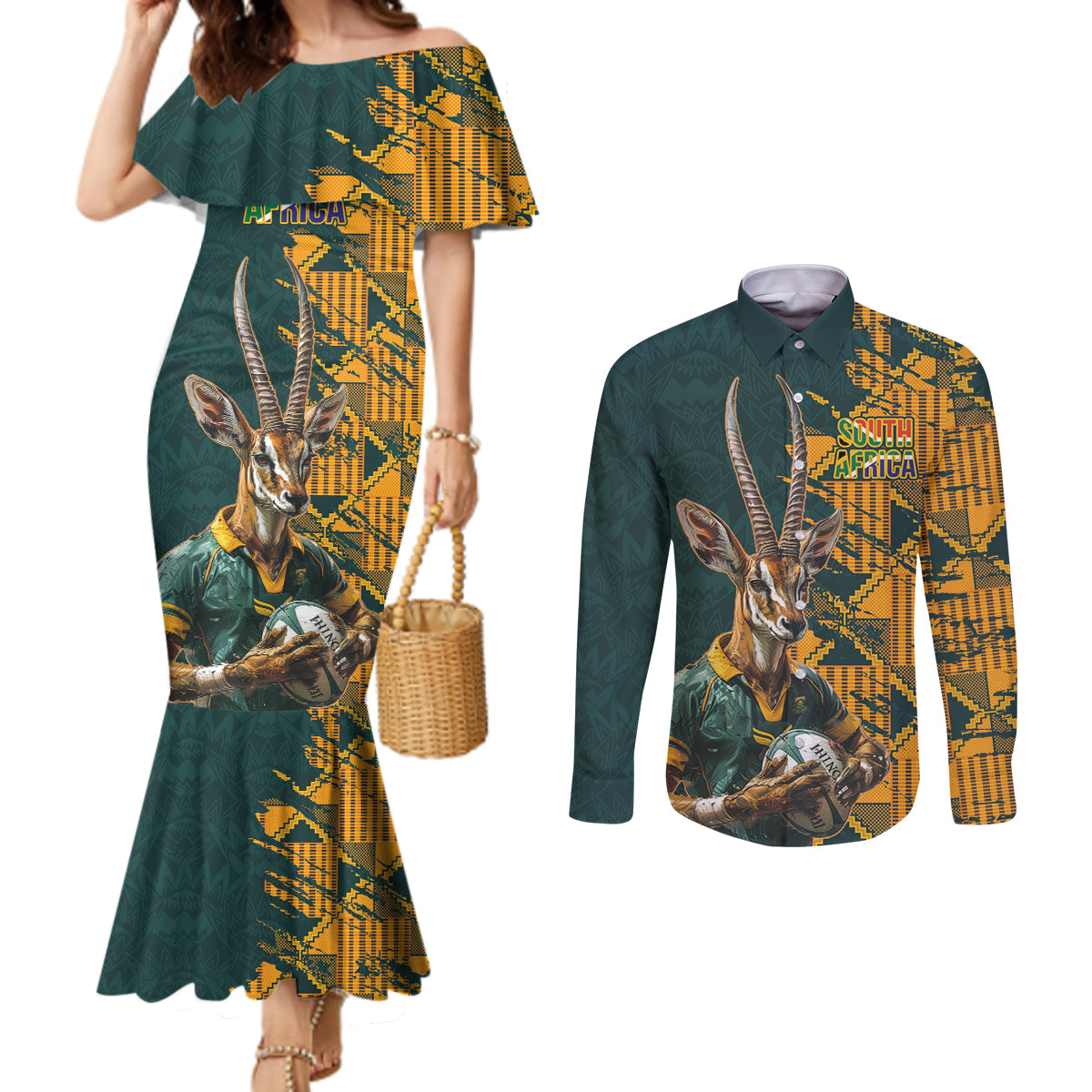 Custom South Africa Rugby Couples Matching Mermaid Dress and Long Sleeve Button Shirt The Springboks Mascot Sporty Version