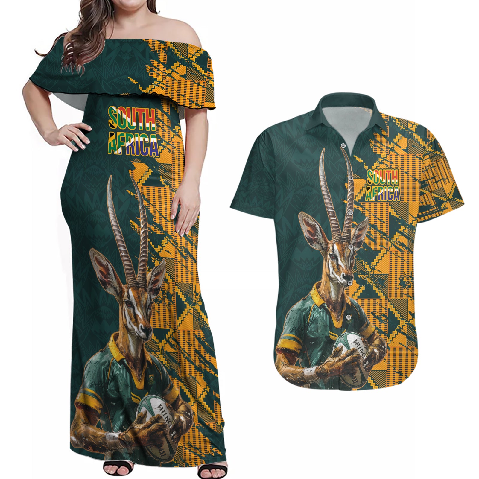 Custom South Africa Rugby Couples Matching Off Shoulder Maxi Dress and Hawaiian Shirt The Springboks Mascot Sporty Version LT9 - Wonder Print Shop