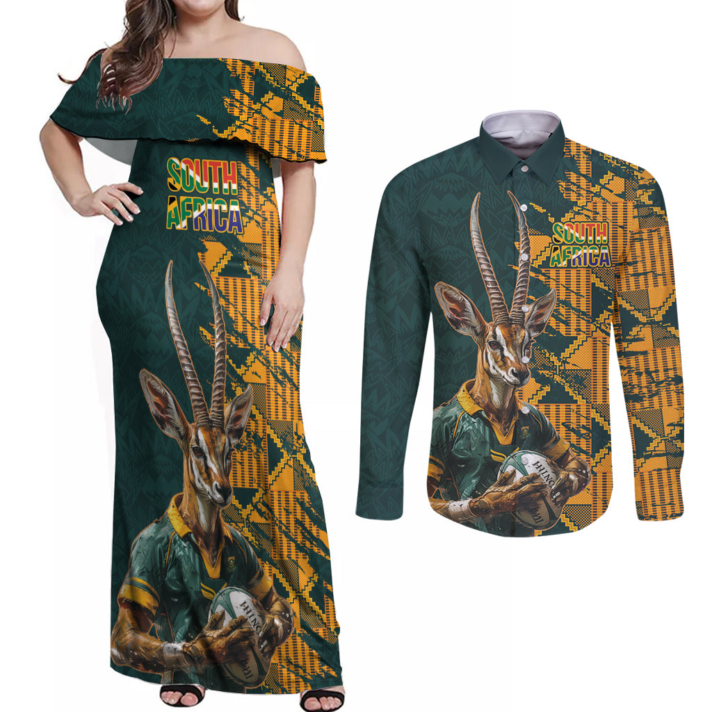 Custom South Africa Rugby Couples Matching Off Shoulder Maxi Dress and Long Sleeve Button Shirt The Springboks Mascot Sporty Version LT9 - Wonder Print Shop