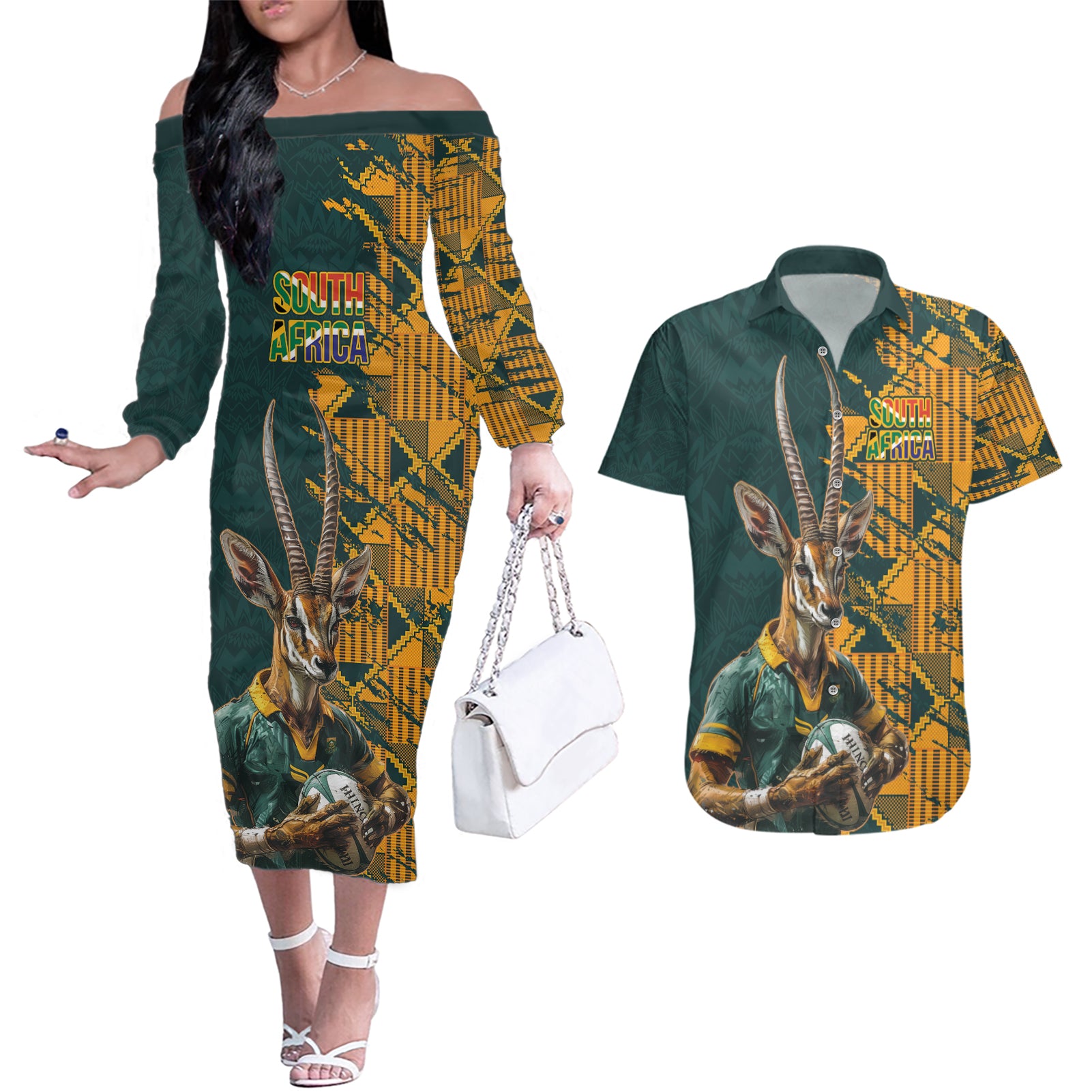 Custom South Africa Rugby Couples Matching Off The Shoulder Long Sleeve Dress and Hawaiian Shirt The Springboks Mascot Sporty Version LT9 - Wonder Print Shop