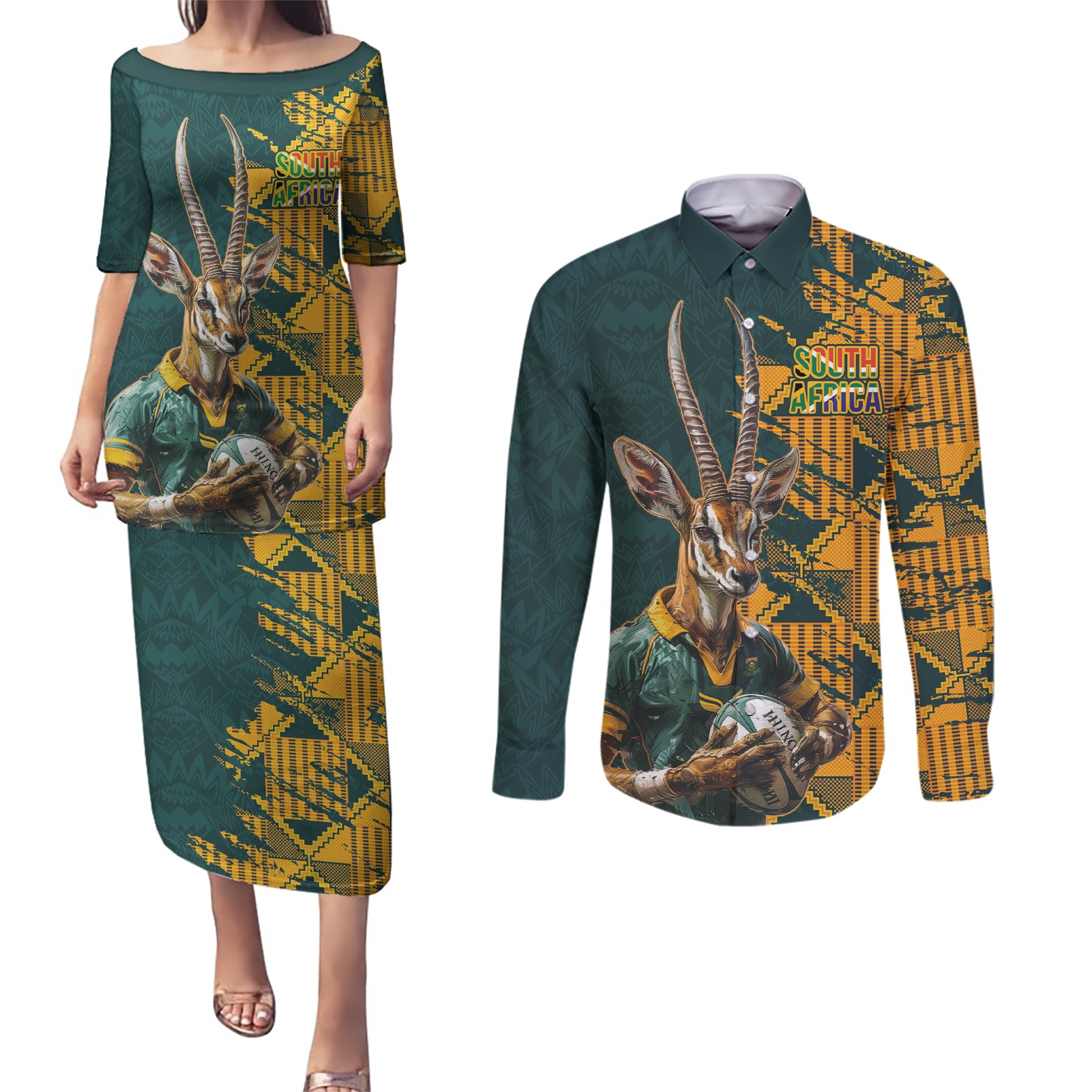 Custom South Africa Rugby Couples Matching Puletasi and Long Sleeve Button Shirt The Springboks Mascot Sporty Version LT9 - Wonder Print Shop