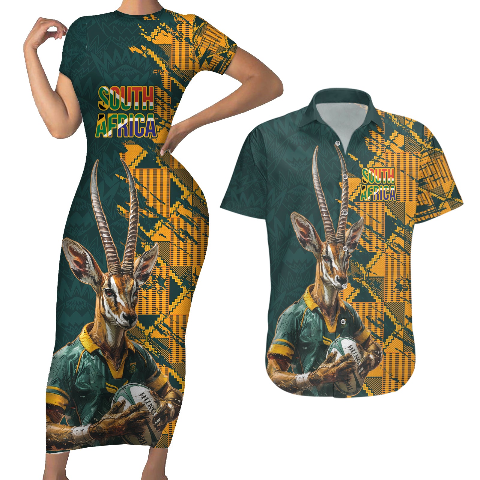 Custom South Africa Rugby Couples Matching Short Sleeve Bodycon Dress and Hawaiian Shirt The Springboks Mascot Sporty Version LT9 - Wonder Print Shop