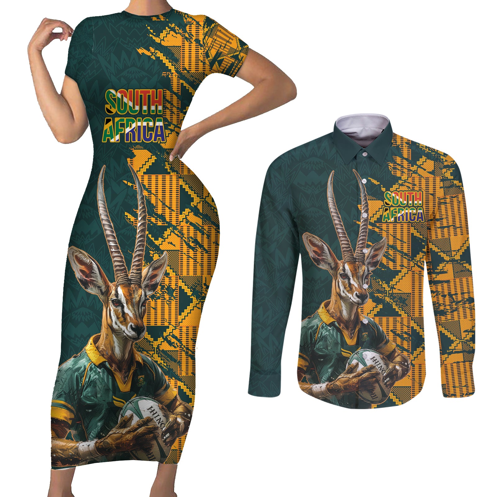 Custom South Africa Rugby Couples Matching Short Sleeve Bodycon Dress and Long Sleeve Button Shirt The Springboks Mascot Sporty Version LT9 - Wonder Print Shop