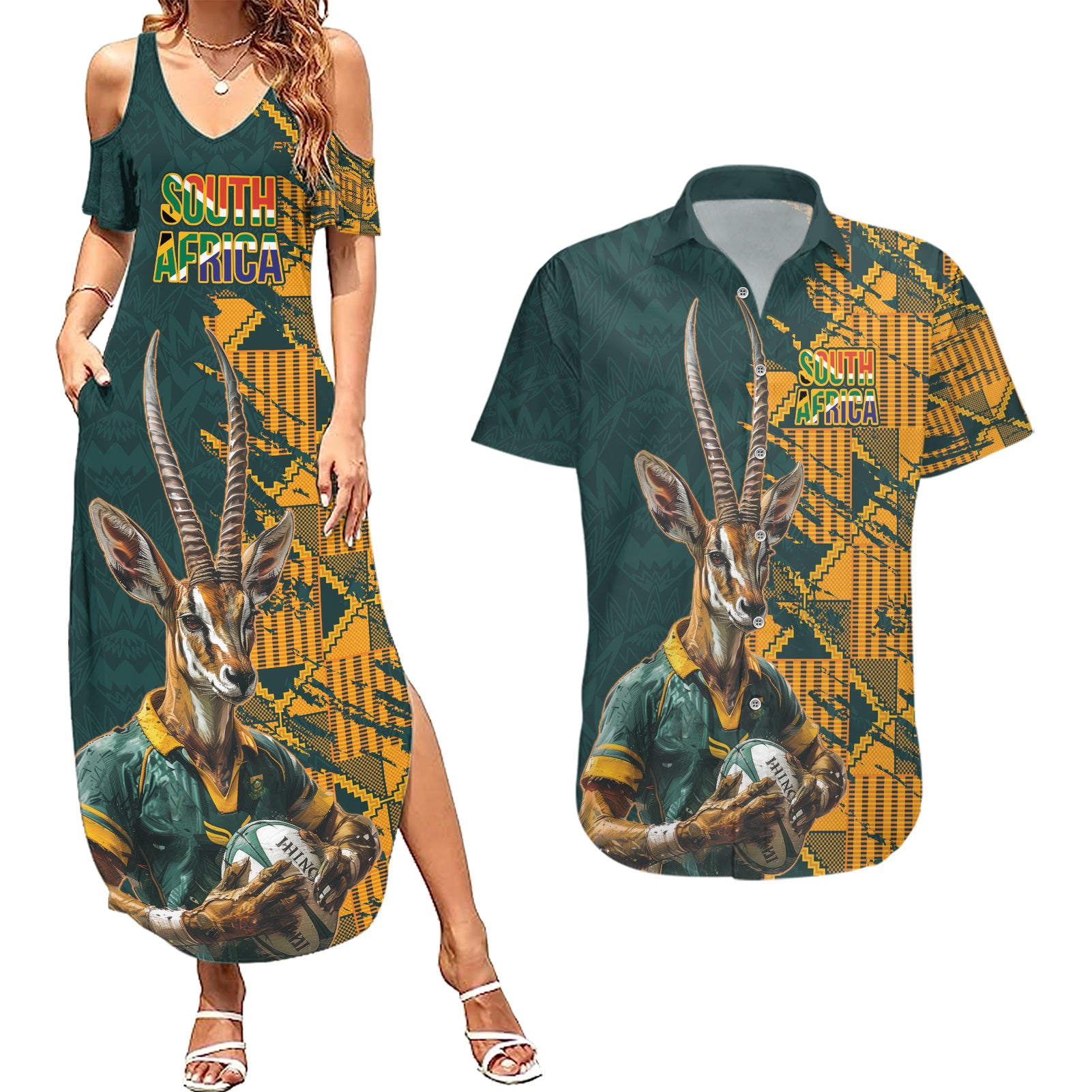 Custom South Africa Rugby Couples Matching Summer Maxi Dress and Hawaiian Shirt The Springboks Mascot Sporty Version LT9 - Wonder Print Shop