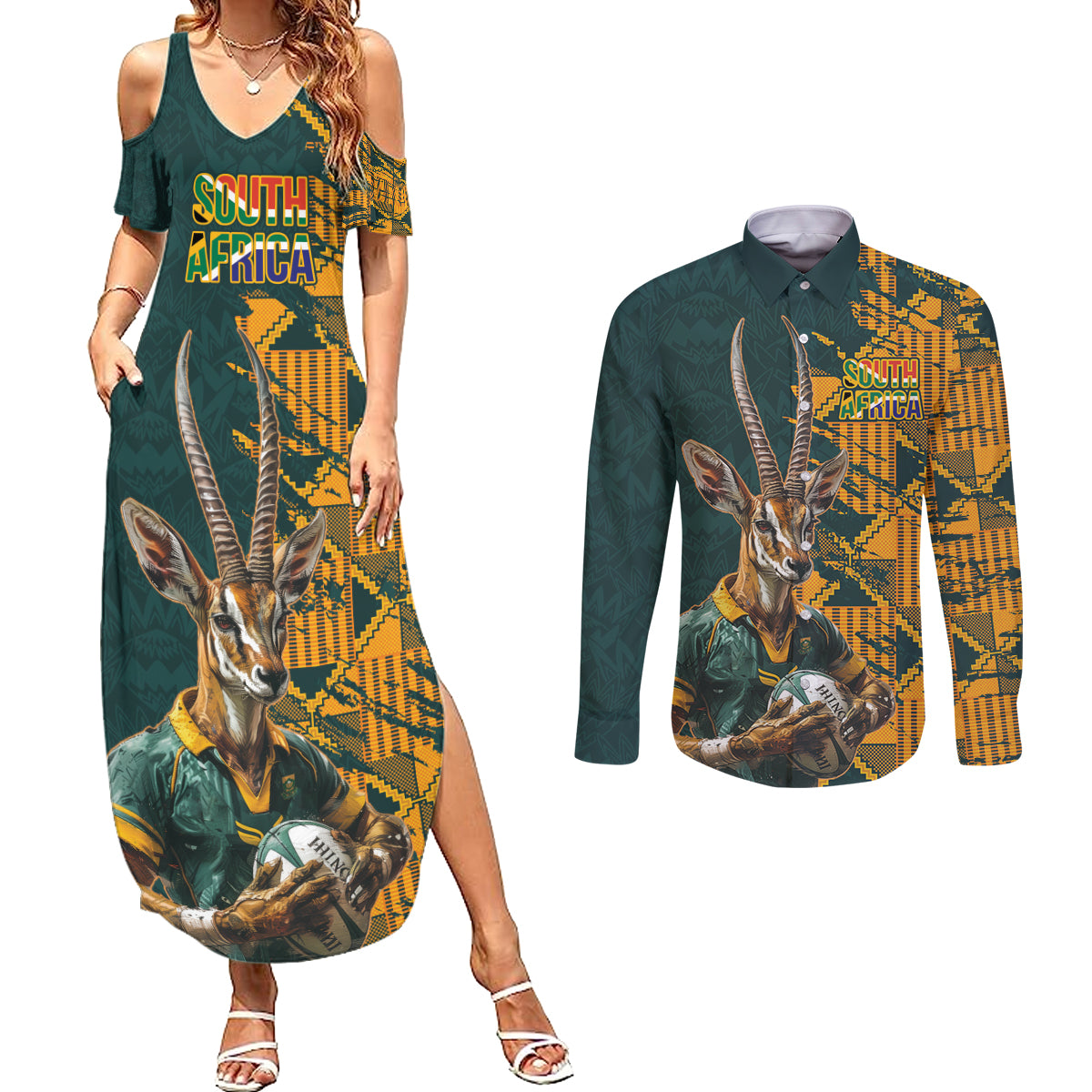 Custom South Africa Rugby Couples Matching Summer Maxi Dress and Long Sleeve Button Shirt The Springboks Mascot Sporty Version LT9 - Wonder Print Shop