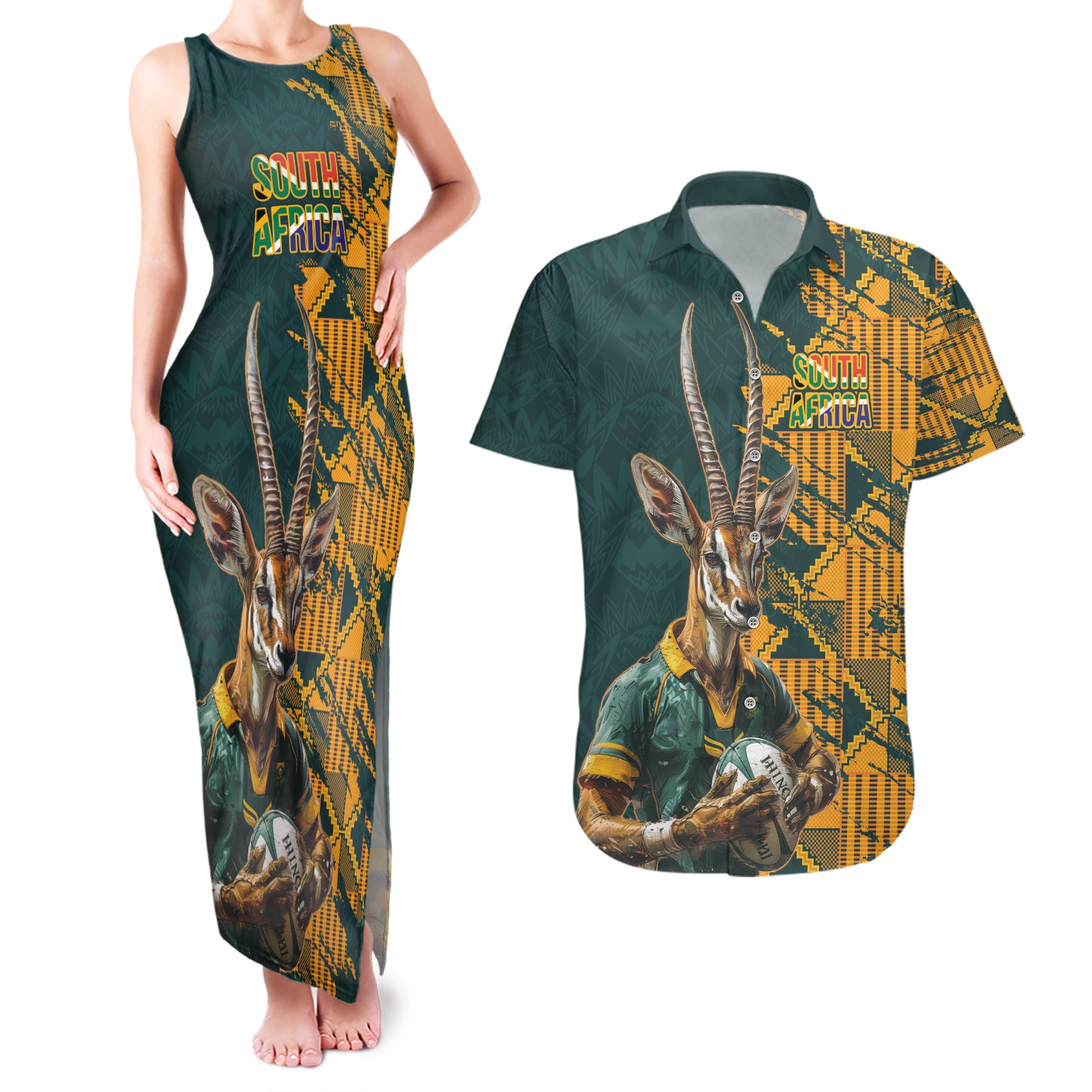 Custom South Africa Rugby Couples Matching Tank Maxi Dress and Hawaiian Shirt The Springboks Mascot Sporty Version LT9 - Wonder Print Shop