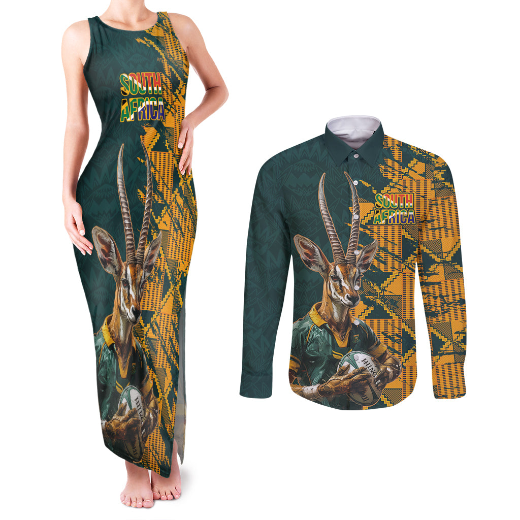 Custom South Africa Rugby Couples Matching Tank Maxi Dress and Long Sleeve Button Shirt The Springboks Mascot Sporty Version LT9 - Wonder Print Shop