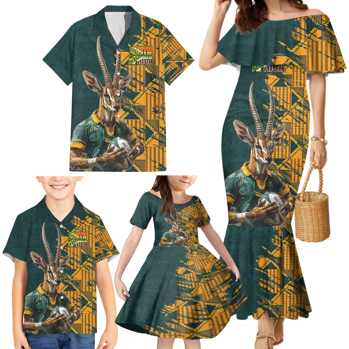 Custom South Africa Rugby Family Matching Mermaid Dress and Hawaiian Shirt The Springboks Mascot Sporty Version LT9 - Wonder Print Shop