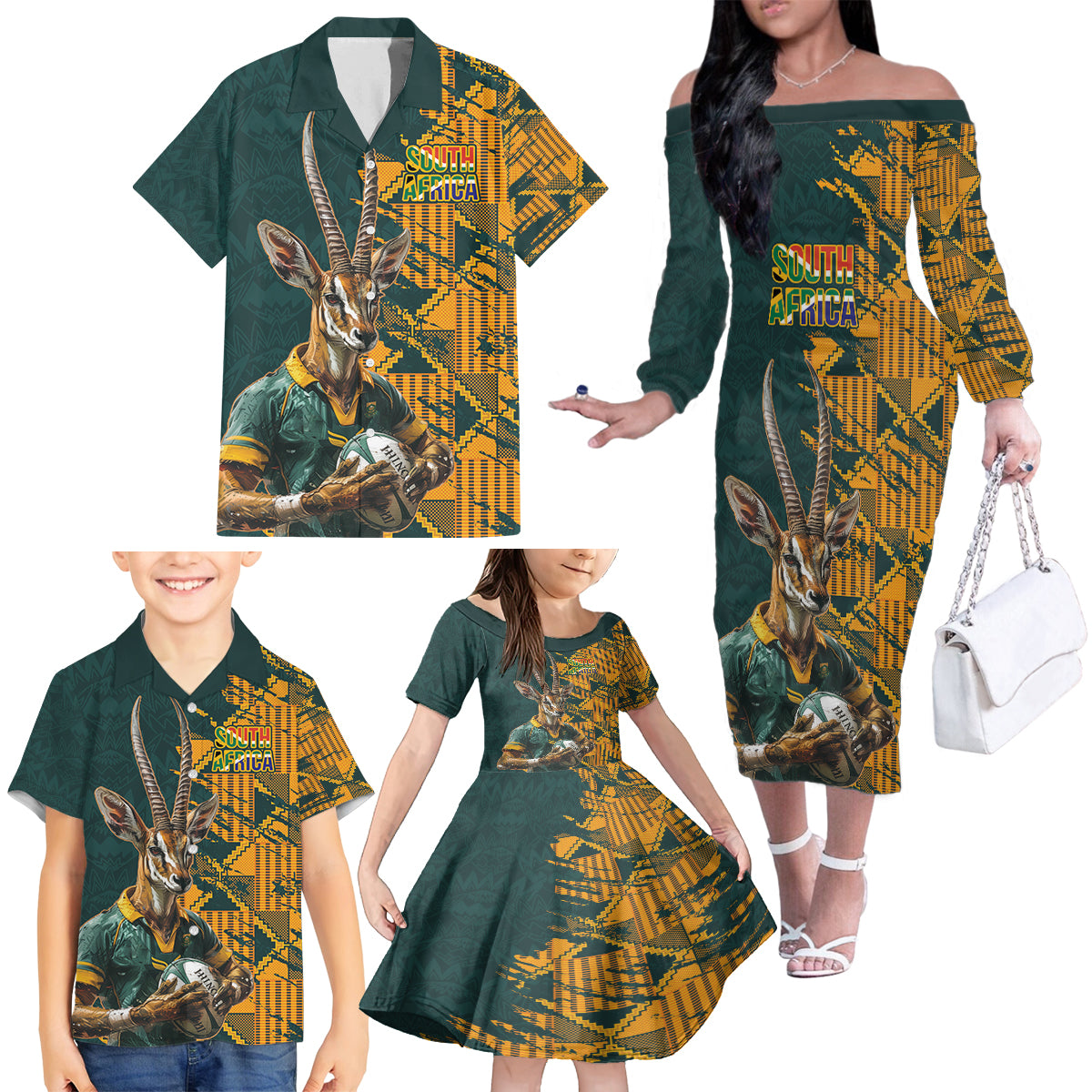 Custom South Africa Rugby Family Matching Off The Shoulder Long Sleeve Dress and Hawaiian Shirt The Springboks Mascot Sporty Version - Wonder Print Shop