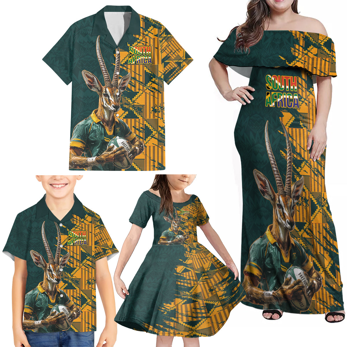 Custom South Africa Rugby Family Matching Off Shoulder Maxi Dress and Hawaiian Shirt The Springboks Mascot Sporty Version LT9 - Wonder Print Shop