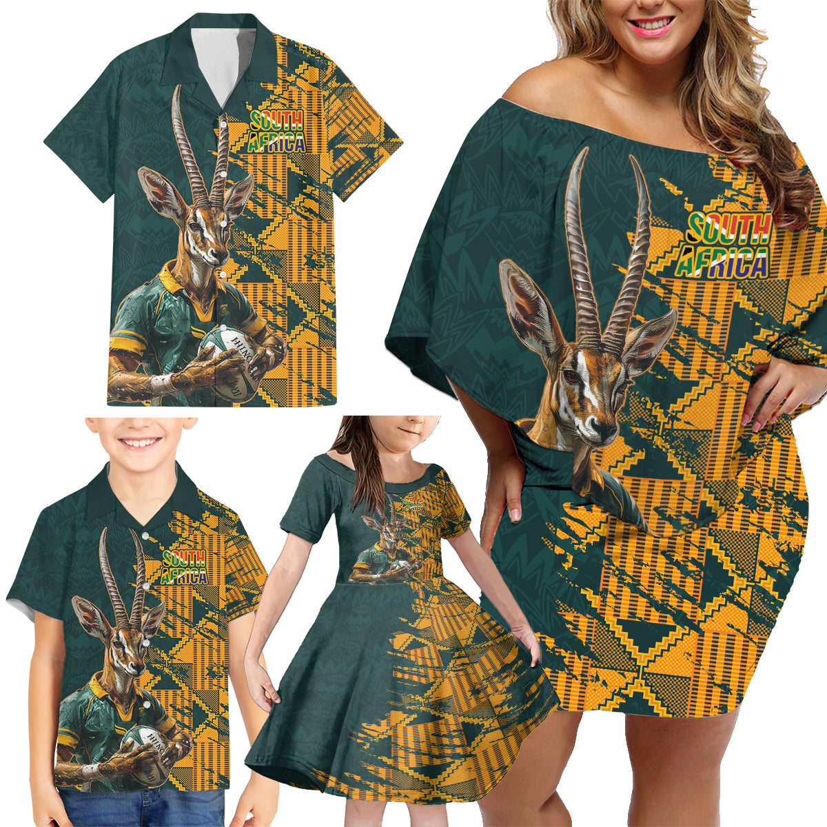 Custom South Africa Rugby Family Matching Off Shoulder Short Dress and Hawaiian Shirt The Springboks Mascot Sporty Version LT9 - Wonder Print Shop