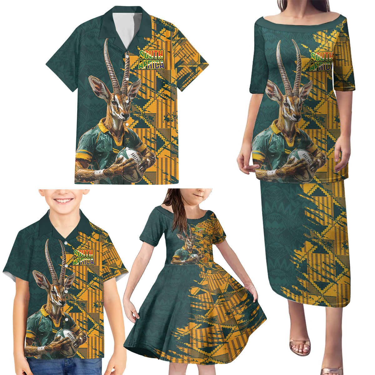 Custom South Africa Rugby Family Matching Puletasi and Hawaiian Shirt The Springboks Mascot Sporty Version - Wonder Print Shop