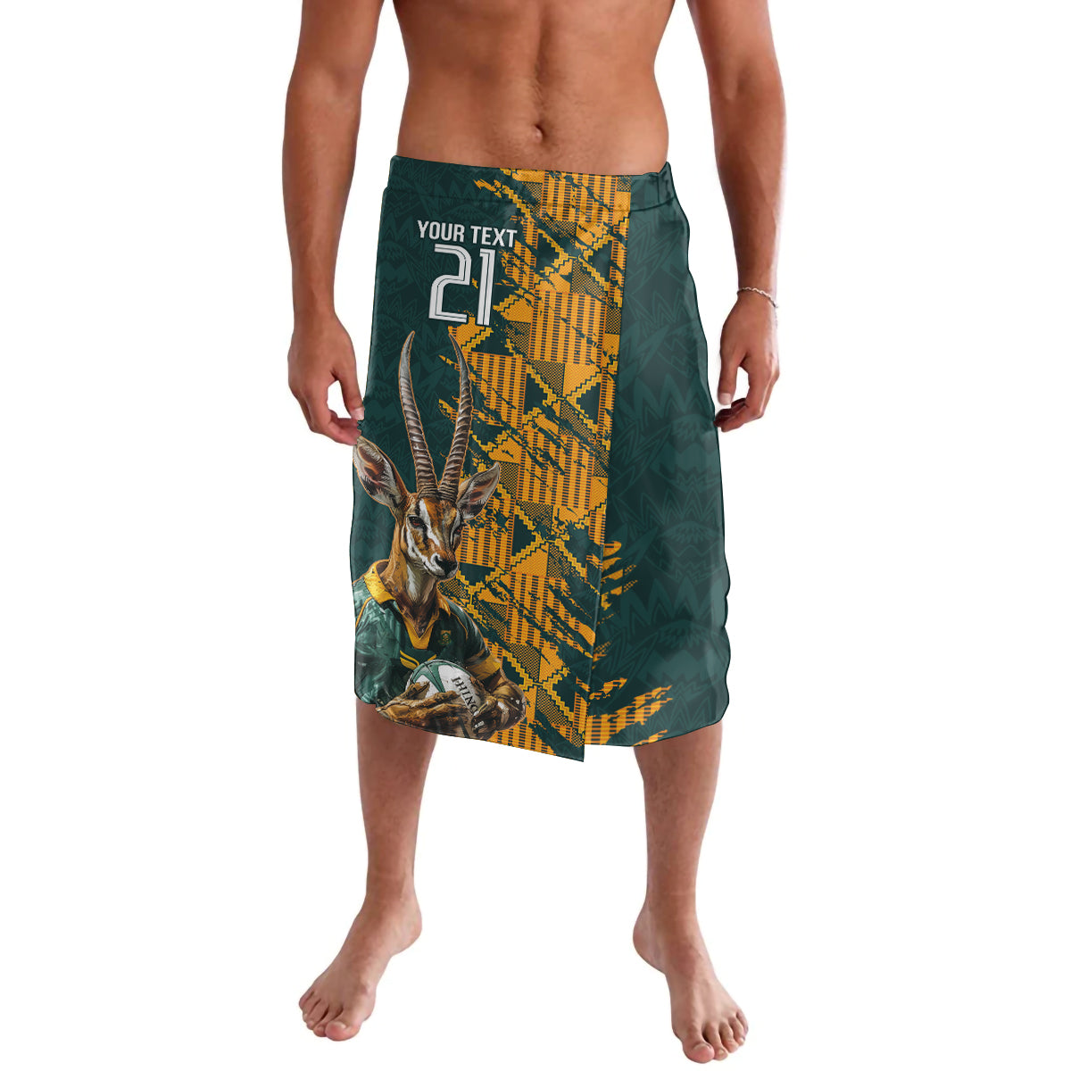 Men's green rugby lavalava shorts with gold geometric print and mascot graphic, number 21