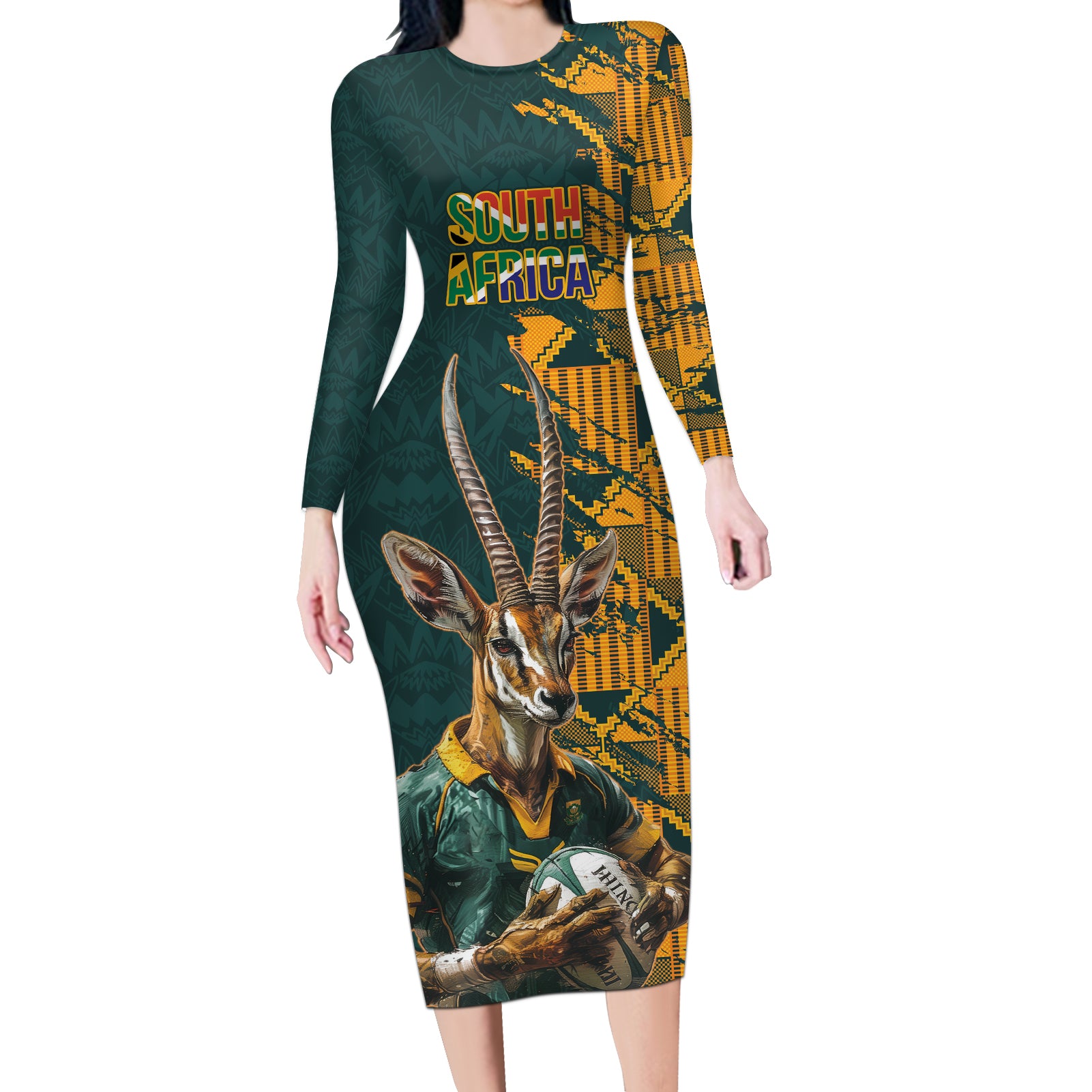 Custom South Africa Rugby Long Sleeve Bodycon Dress The Springboks Mascot Sporty Version - Wonder Print Shop