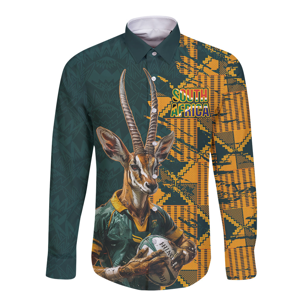 Custom South Africa Rugby Long Sleeve Button Shirt The Springboks Mascot Sporty Version - Wonder Print Shop