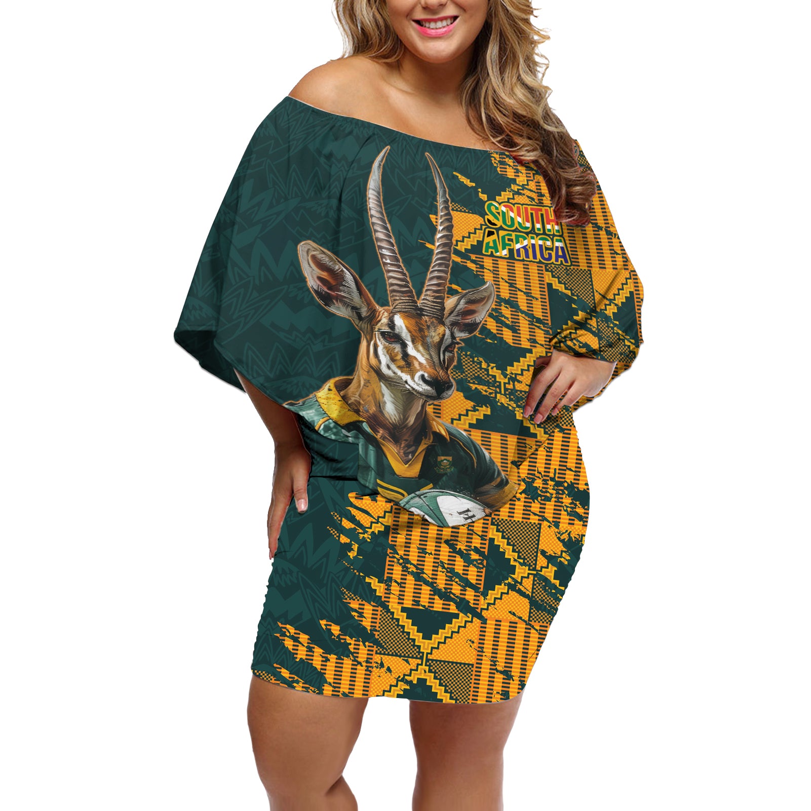 Custom South Africa Rugby Off Shoulder Short Dress The Springboks Mascot Sporty Version - Wonder Print Shop