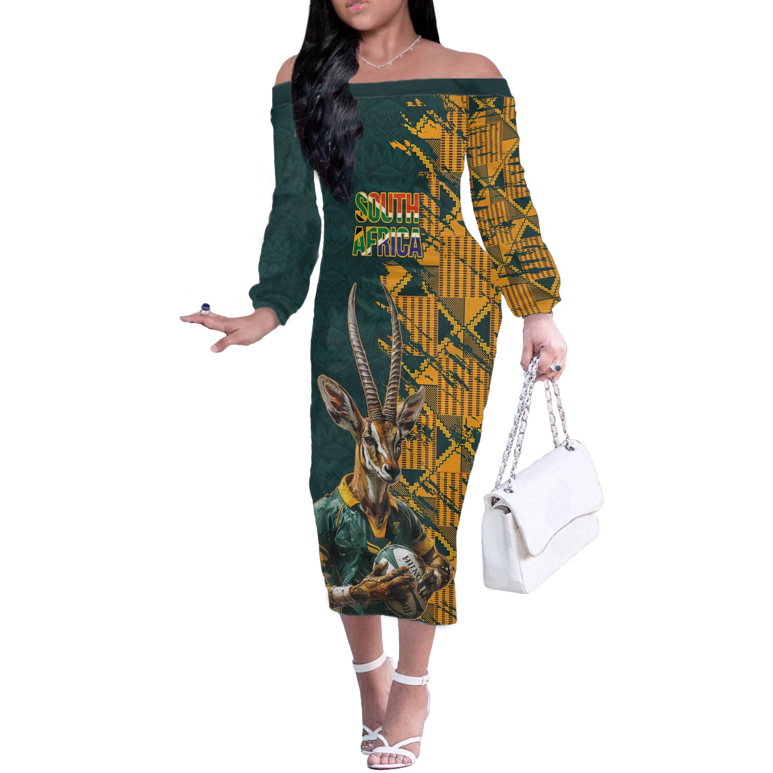 Custom South Africa Rugby Off The Shoulder Long Sleeve Dress The Springboks Mascot Sporty Version - Wonder Print Shop