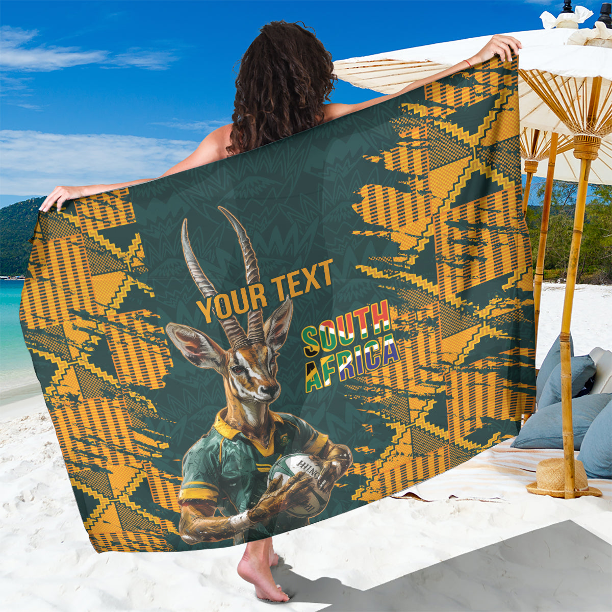 Green patterned rugby-style sarong with antelope mascot and 'SOUTH AFRICA' text