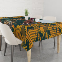 Rugby tablecloth with bold green-and-yellow geometric pattern and animal graphic