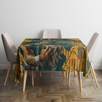 Green and yellow South Africa rugby tablecloth with mascot graphic on dining table