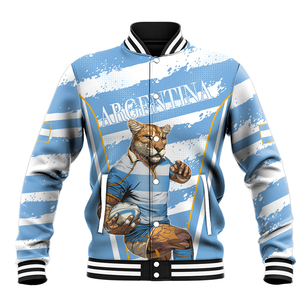 Light blue baseball jacket with mascot graphic, snap front, striped ribbed collar and cuffs