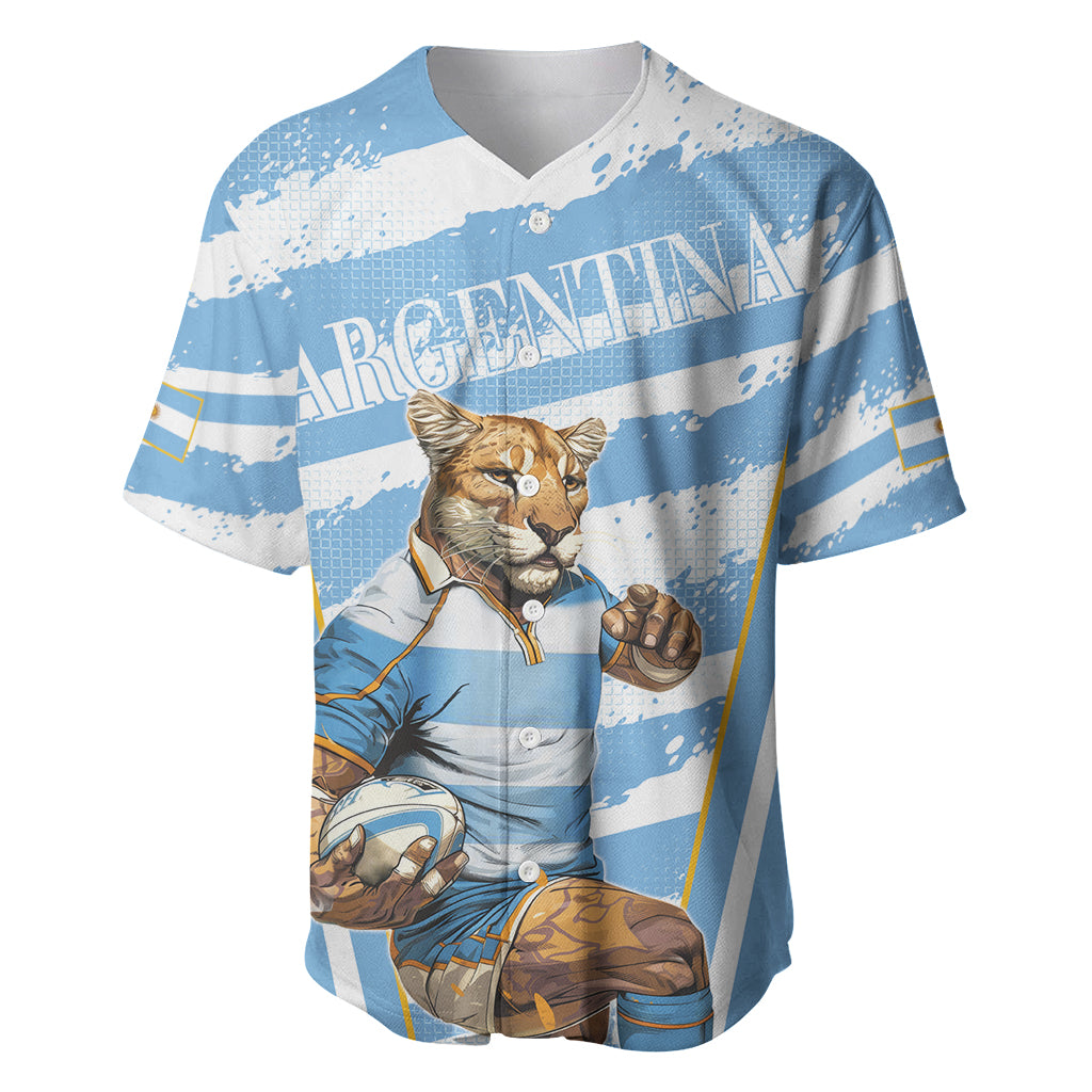 Blue and white baseball jersey with V-neck, button front, Argentina mascot graphic