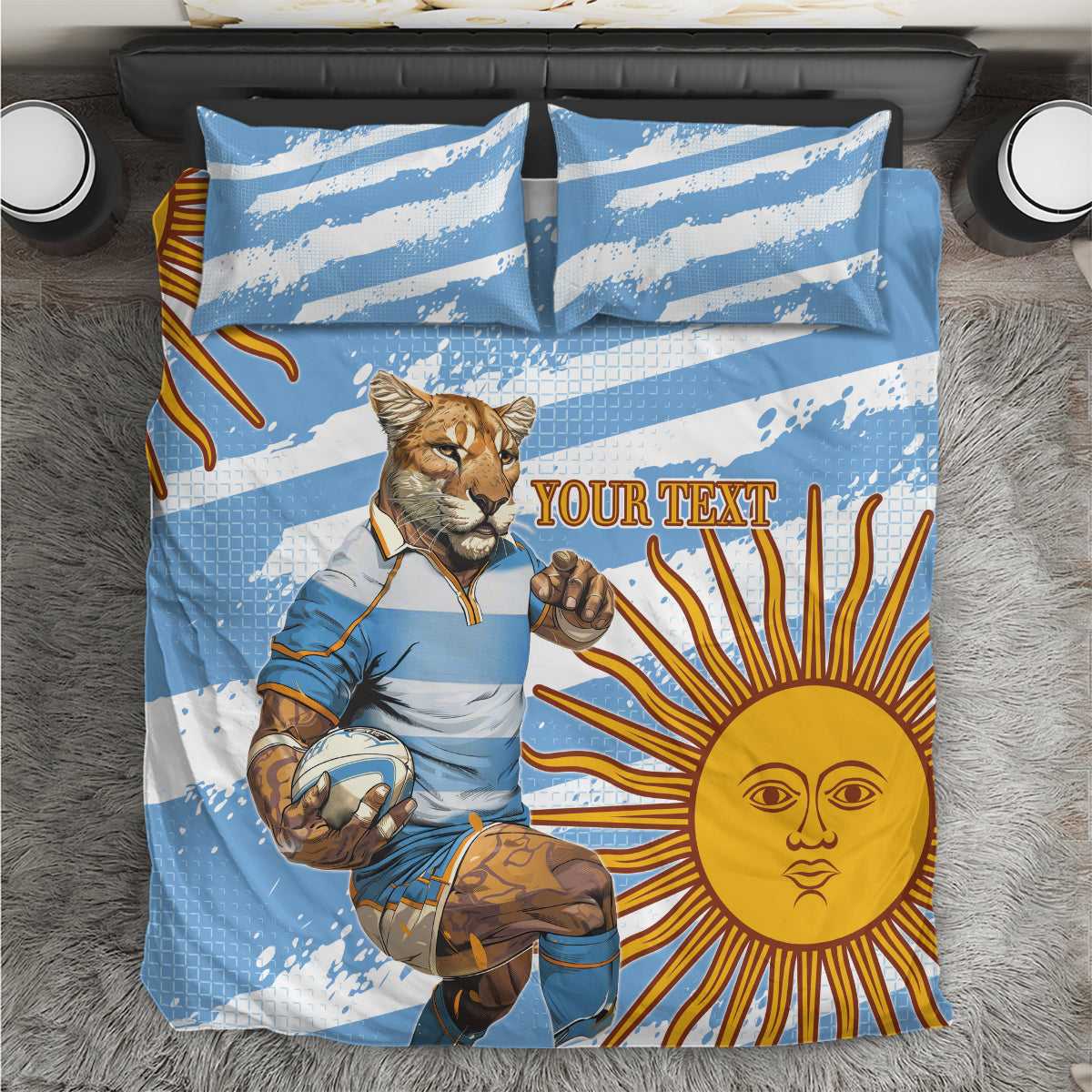 Blue bedding set with tiger rugby mascot and sun face graphic, with two matching pillowcases.