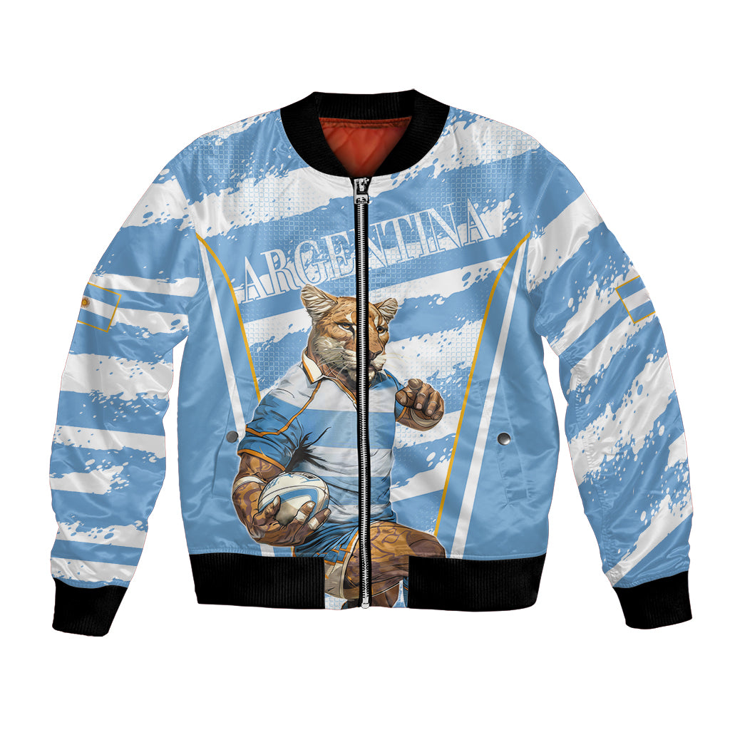 Unisex blue bomber jacket with black ribbed trim, full zip, mascot in front panel art