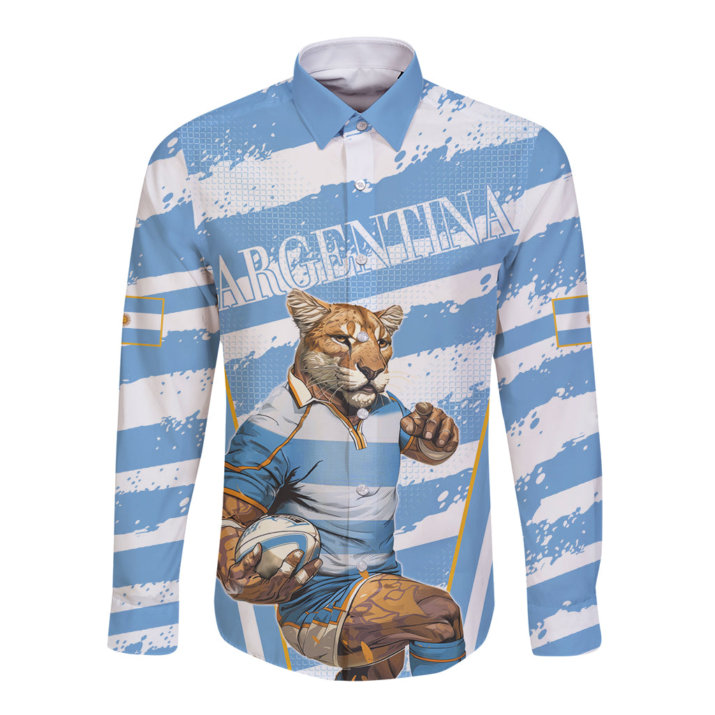 Blue and white long-sleeve button shirt with tiger mascot graphic front