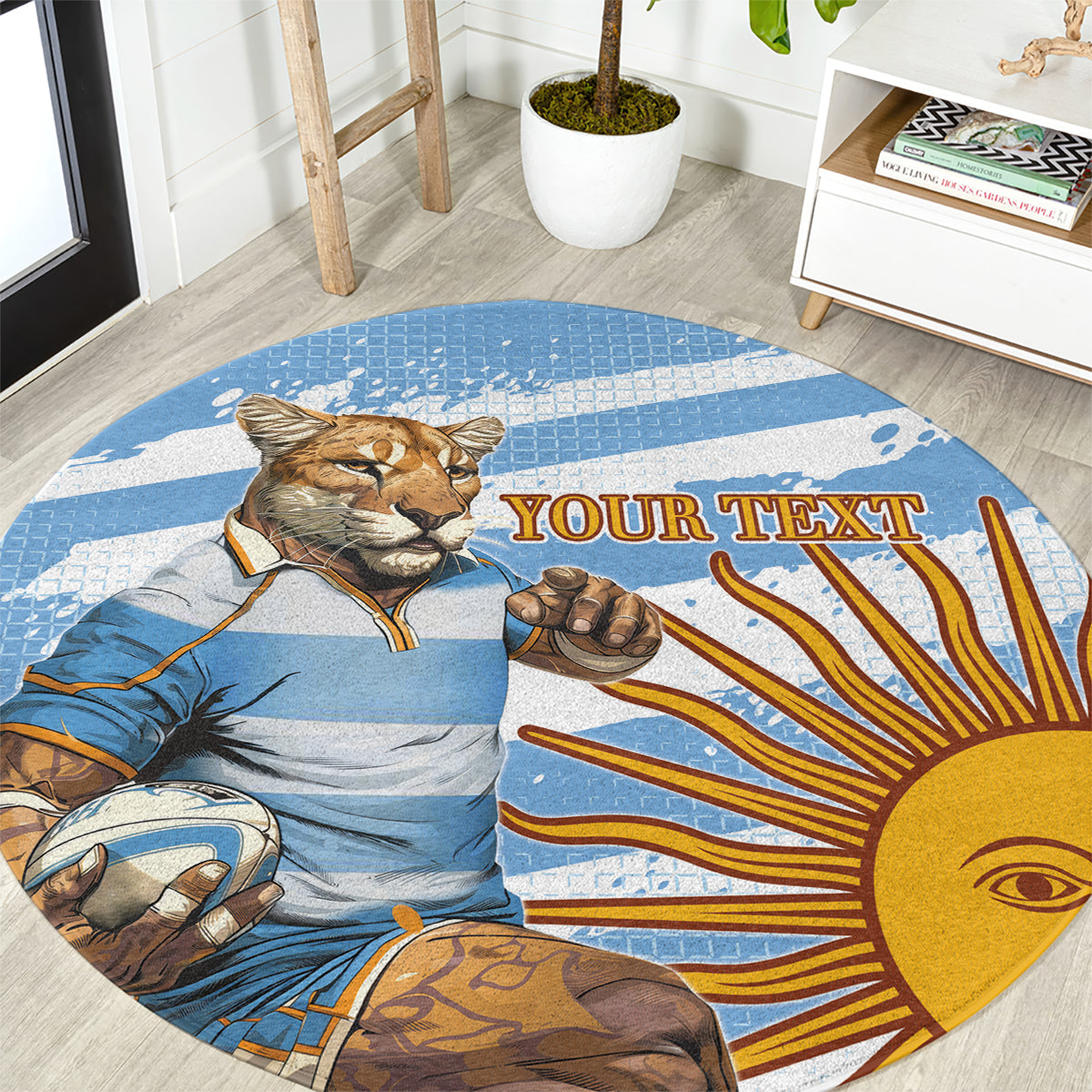 Round blue rug with rugby mascot graphic, yellow sunburst rays, customizable text